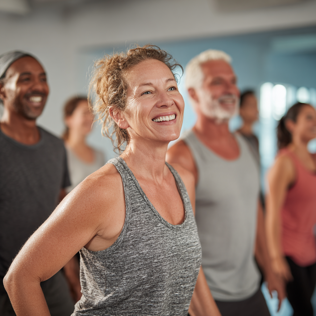 A group of adults in their forties and fifties participating in a group fitness class, diverse participants exercising together with positive energy, instructor guiding them, spacious well-lit fitness studio