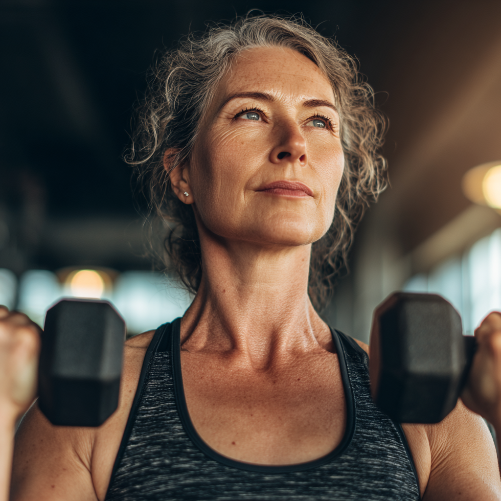 A mature adult woman in her late forties doing strength training with dumbbells in a modern fitness center, focused expression, wearing athletic clothing, natural lighting